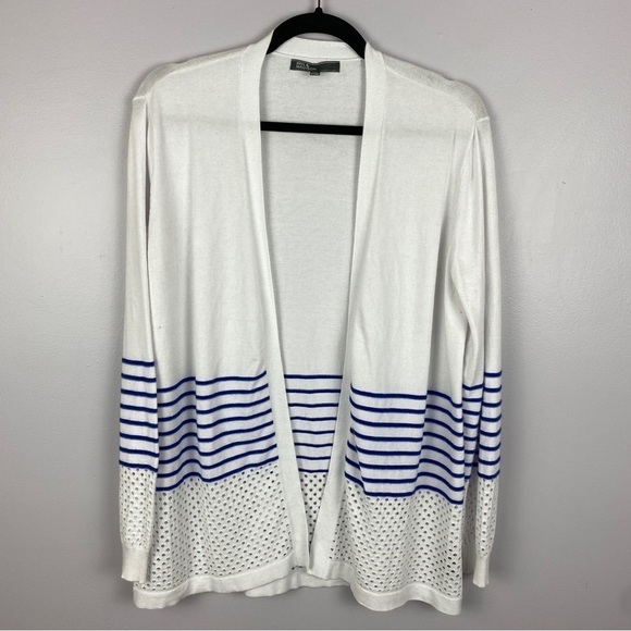89th & Madison Open Front Rayon Blend Striped Cardigan Large White - Picture 2 of 11